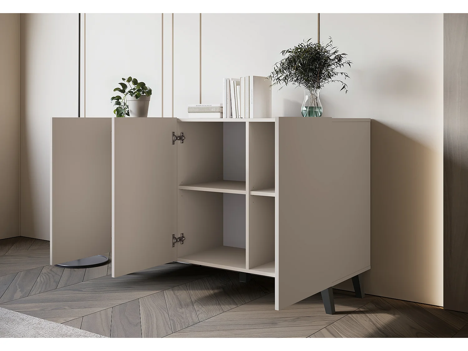 Commode moderne 120 cm sur pieds pour salon beige cachemire minimaliste