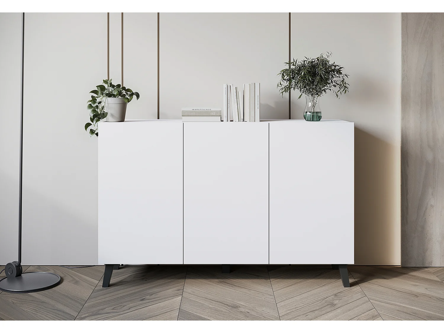 Commode moderne 120 cm sur pieds pour salon blanc mat minimaliste