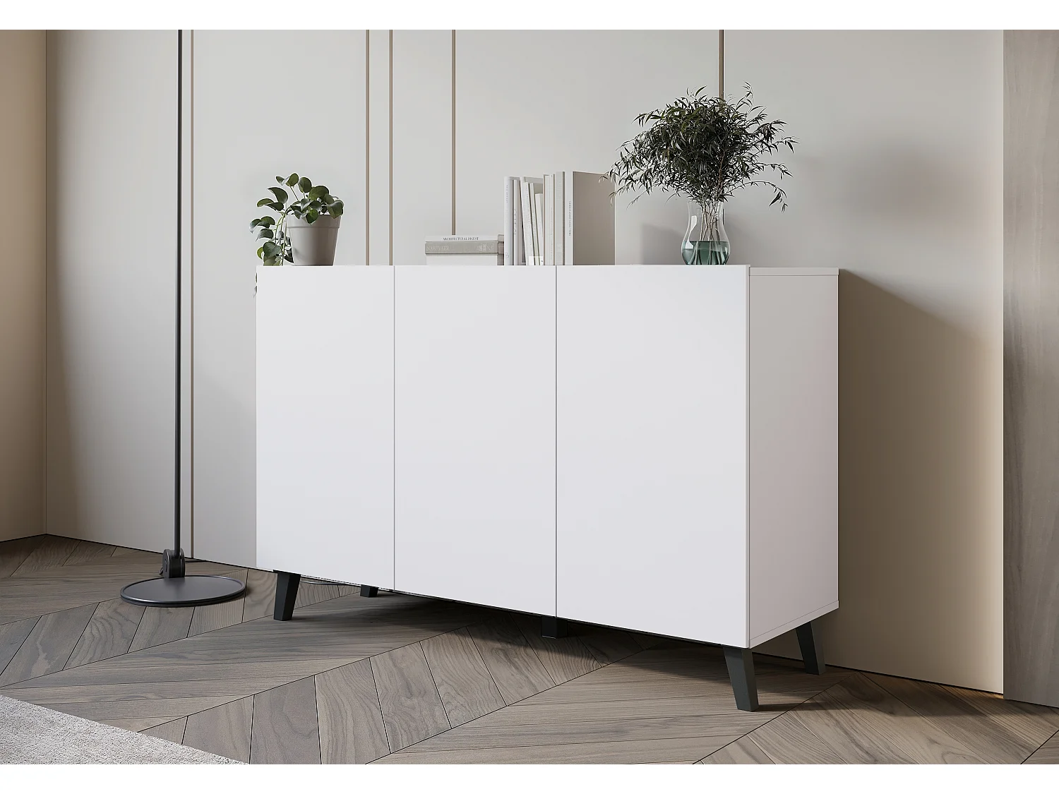 Commode moderne 120 cm sur pieds pour salon blanc mat minimaliste