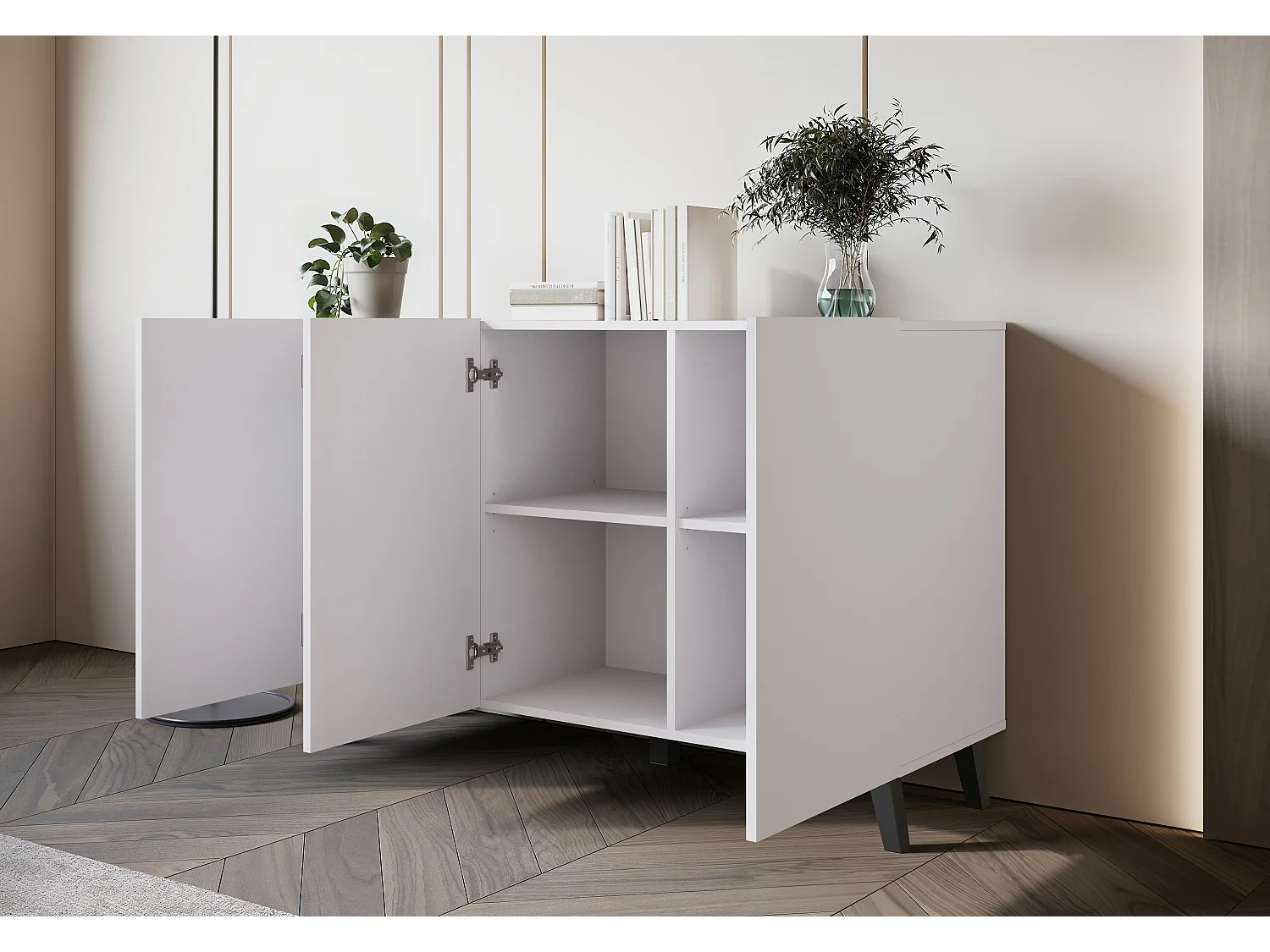 Commode moderne 120 cm sur pieds pour salon blanc mat minimaliste