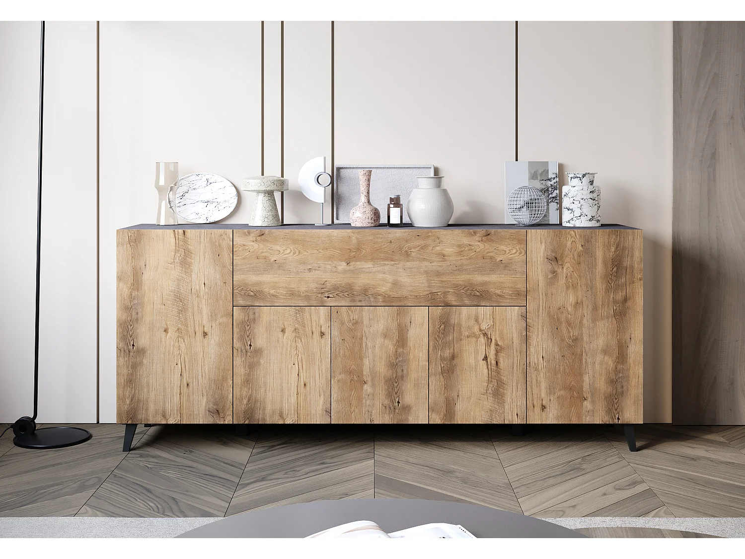 Commode moderne 180 cm sur pieds pour salon anthracite matera châtaignier