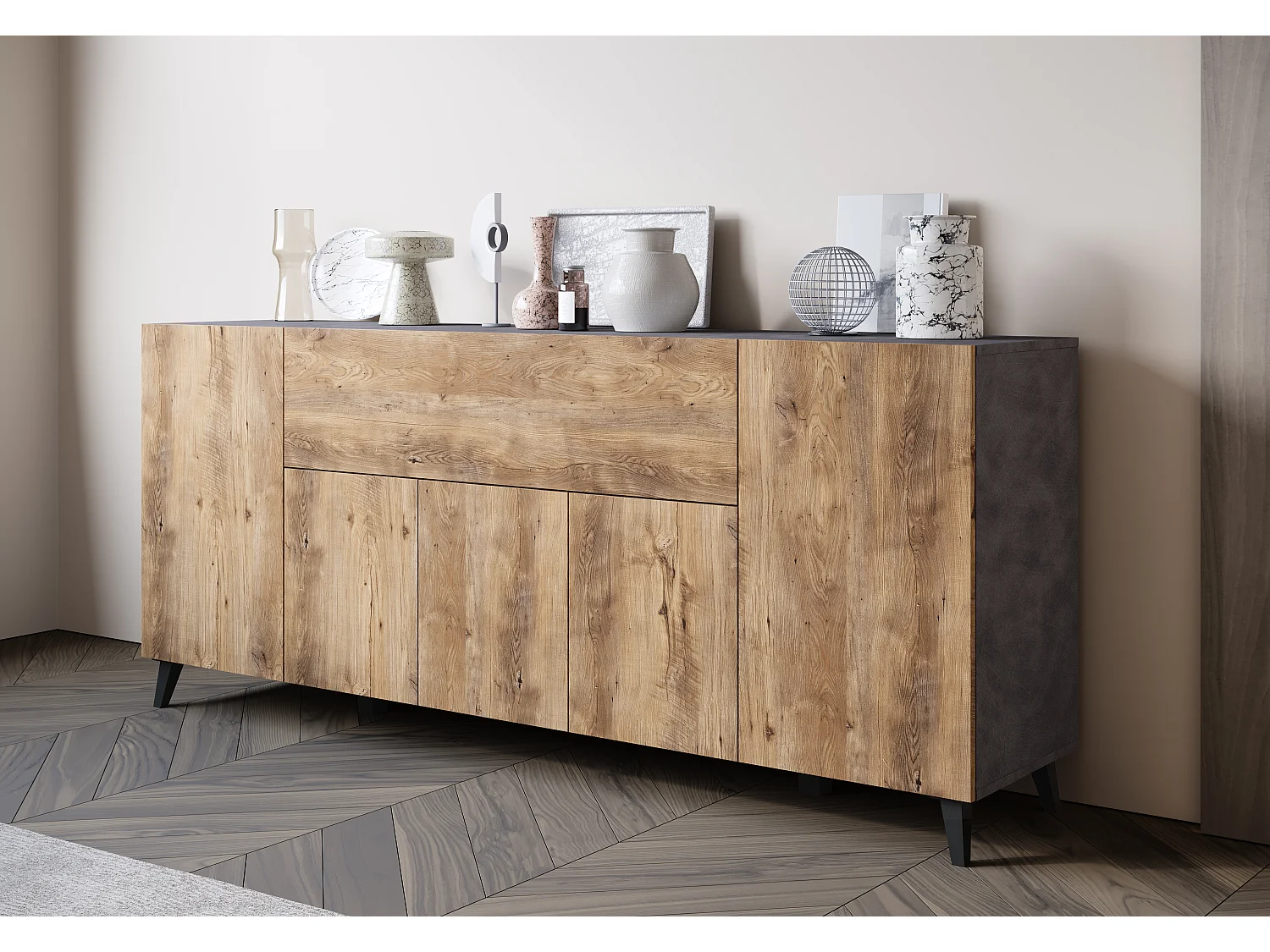 Commode moderne 180 cm sur pieds pour salon anthracite matera châtaignier