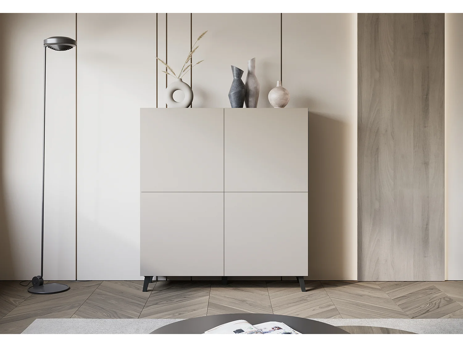 Commode haute moderne 120 cm sur pieds pour salon beige cachemire