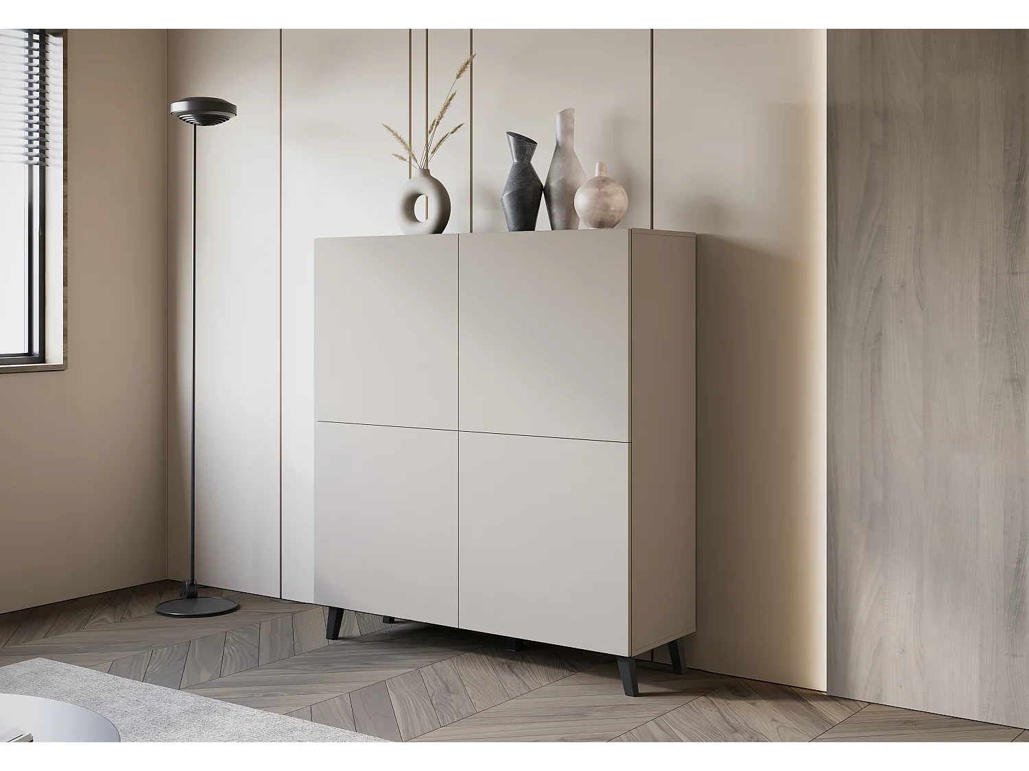 Commode haute moderne 120 cm sur pieds pour salon beige cachemire