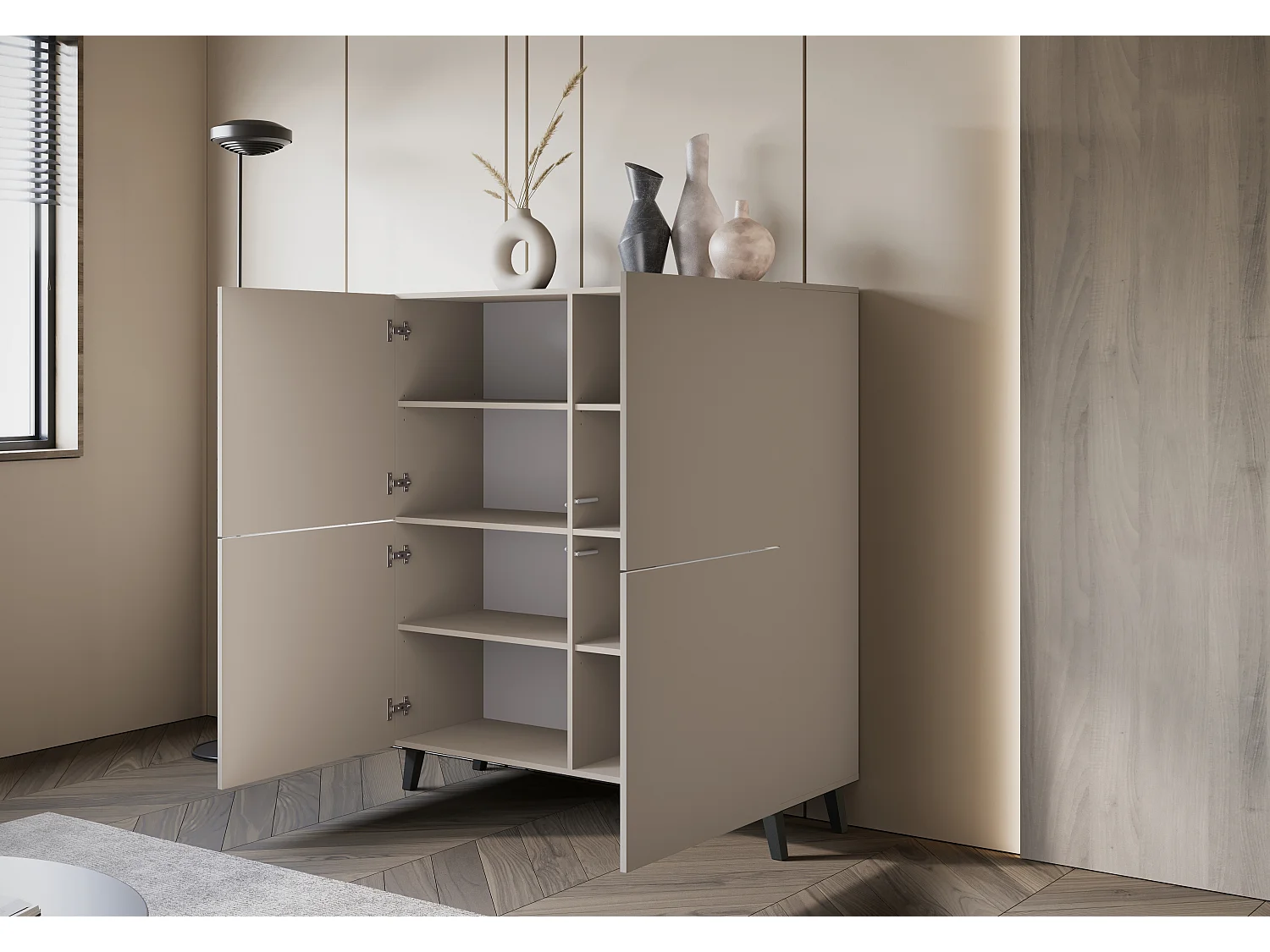 Commode haute moderne 120 cm sur pieds pour salon beige cachemire