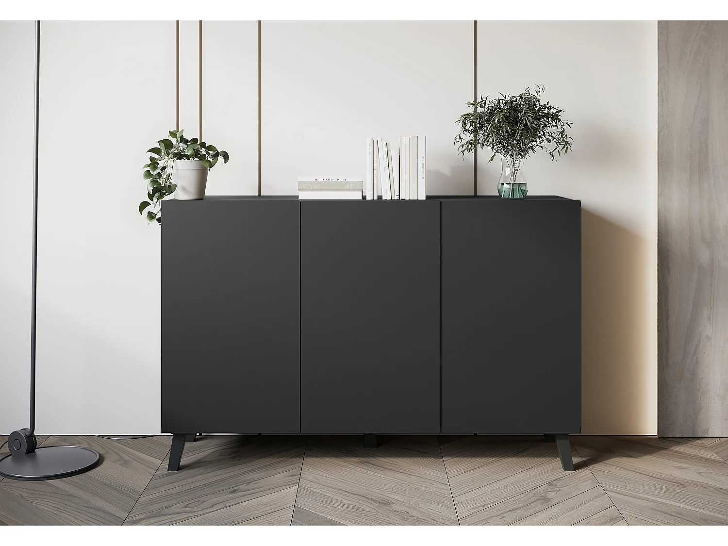 Commode moderne 120 cm sur pieds pour salon noir graphite minimaliste