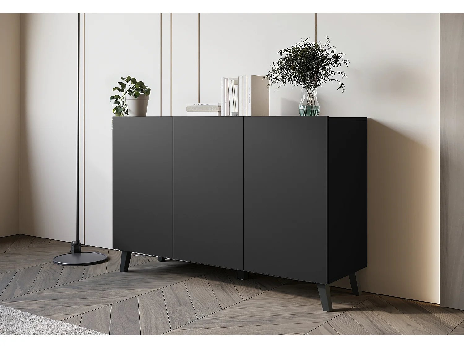 Commode moderne 120 cm sur pieds pour salon noir graphite minimaliste