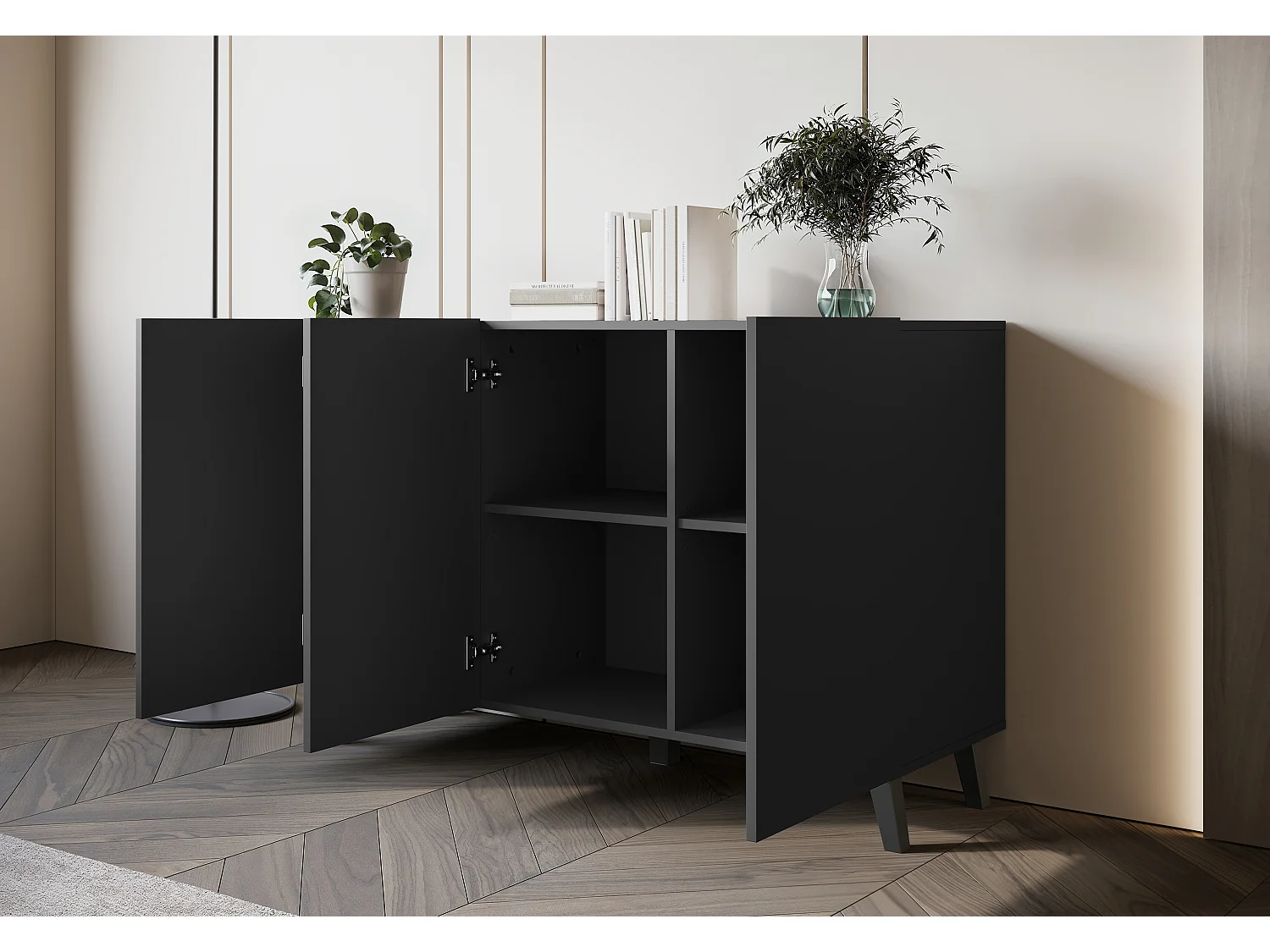 Commode moderne 120 cm sur pieds pour salon noir graphite minimaliste