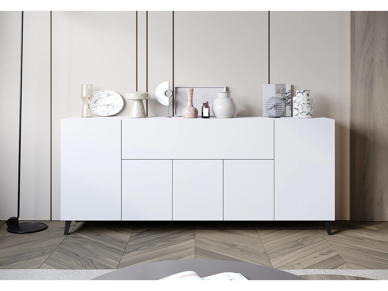 Commode moderne 180 cm sur pieds pour salon blanc mat minimaliste