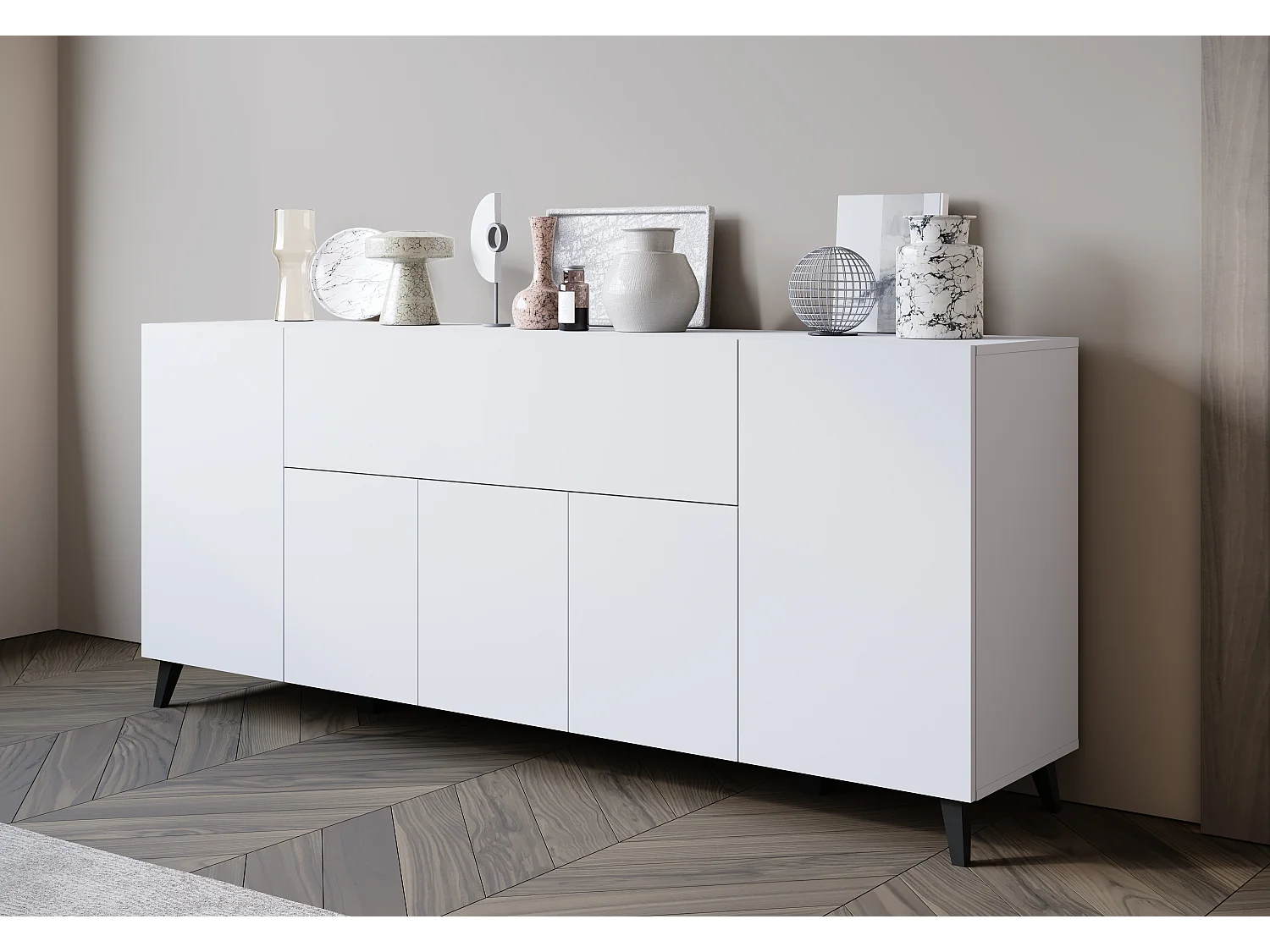 Commode moderne 180 cm sur pieds pour salon blanc mat minimaliste