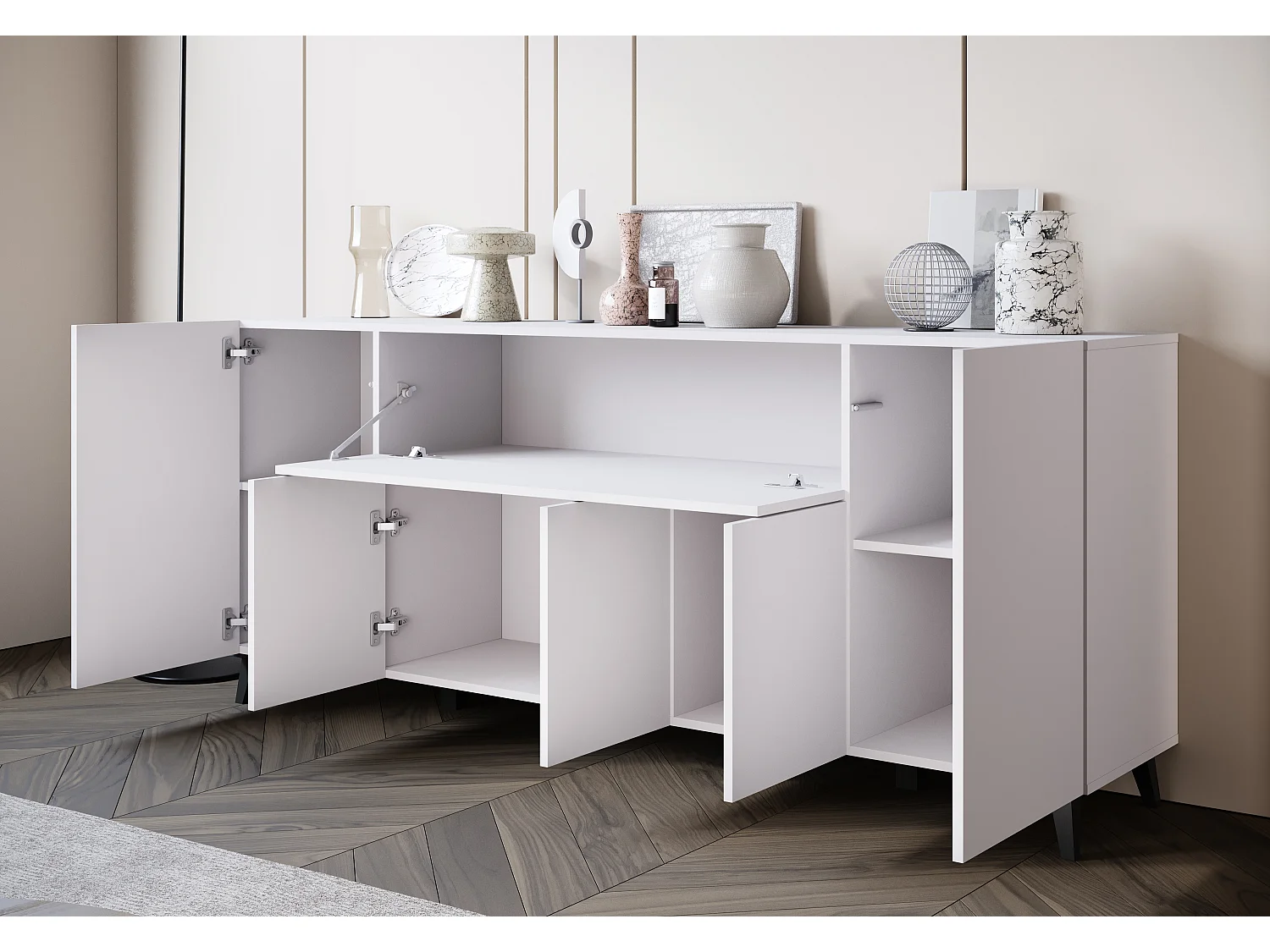 Commode moderne 180 cm sur pieds pour salon blanc mat minimaliste