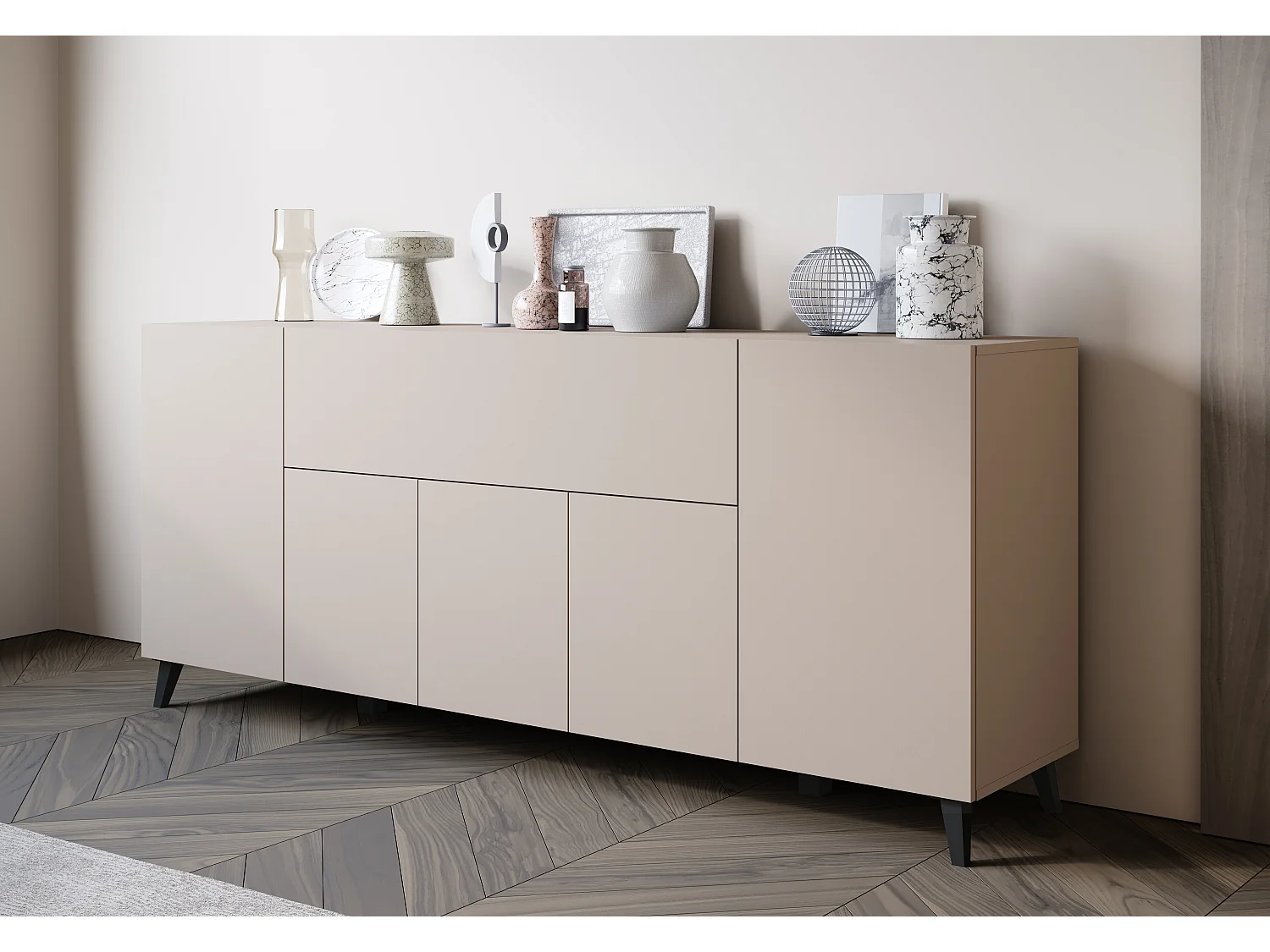 Commode moderne 180 cm sur pieds pour salon beige cachemire minimaliste