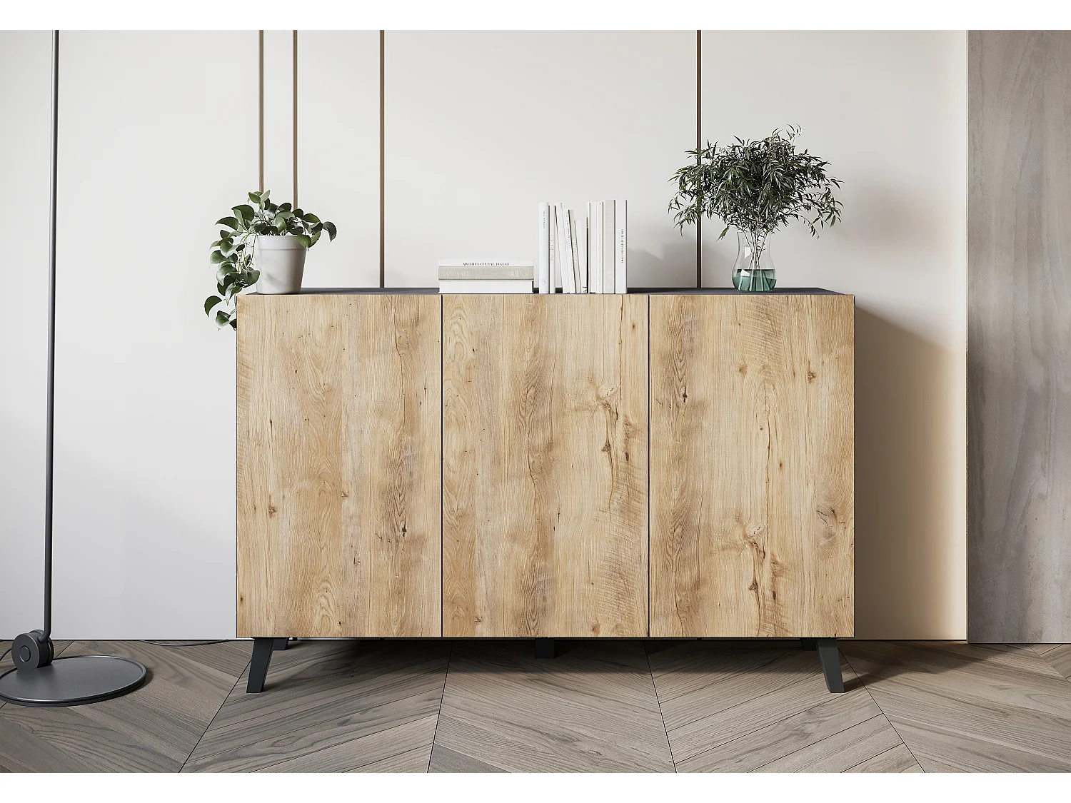 Commode moderne 120 cm sur pieds pour salon anthracite matera châtaignier