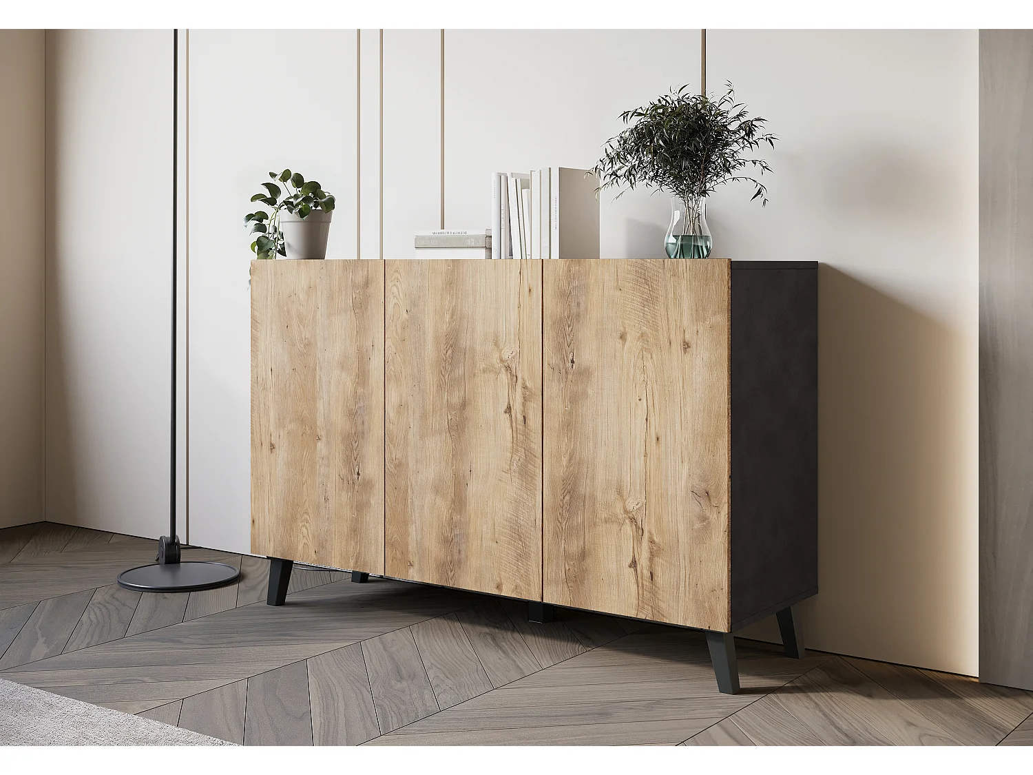 Commode moderne 120 cm sur pieds pour salon anthracite matera châtaignier