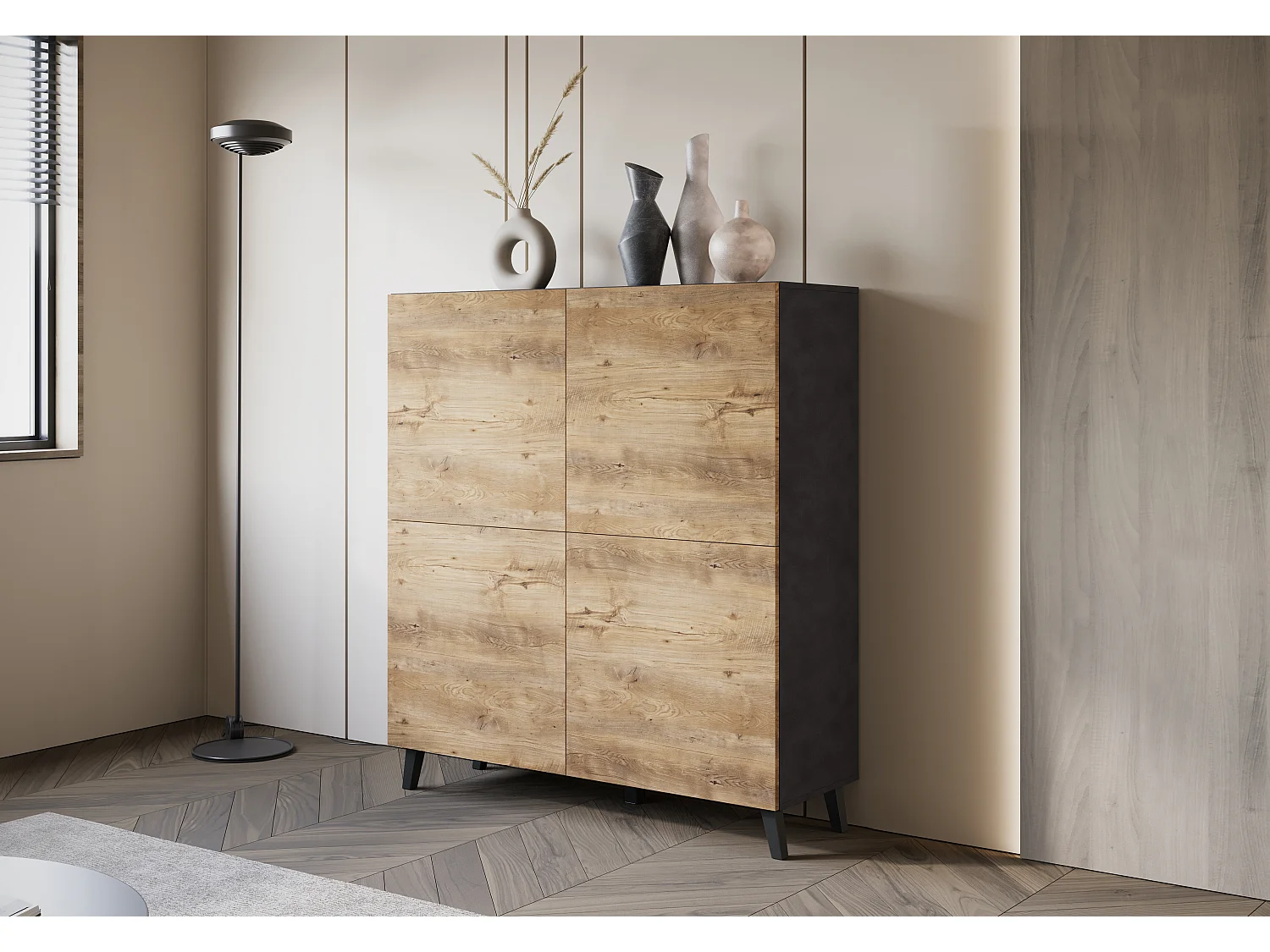 Commode haute moderne 120 cm sur pieds pour salon anthracite matera châtaignier