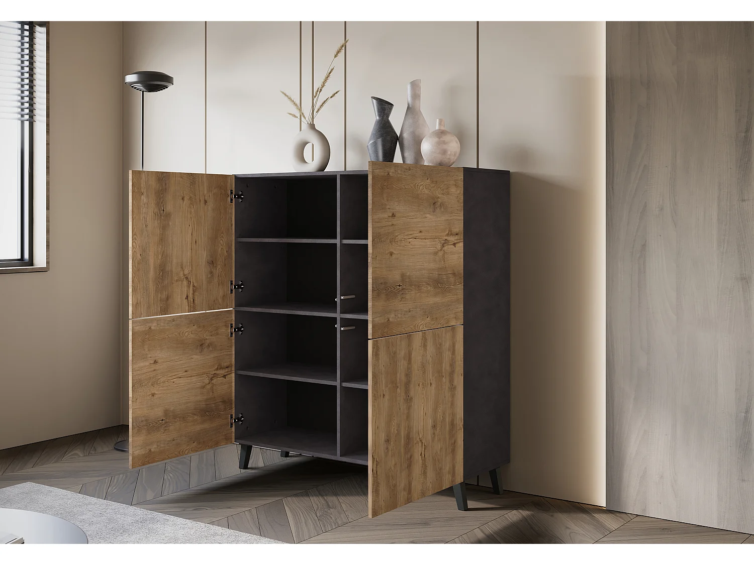 Commode haute moderne 120 cm sur pieds pour salon anthracite matera châtaignier
