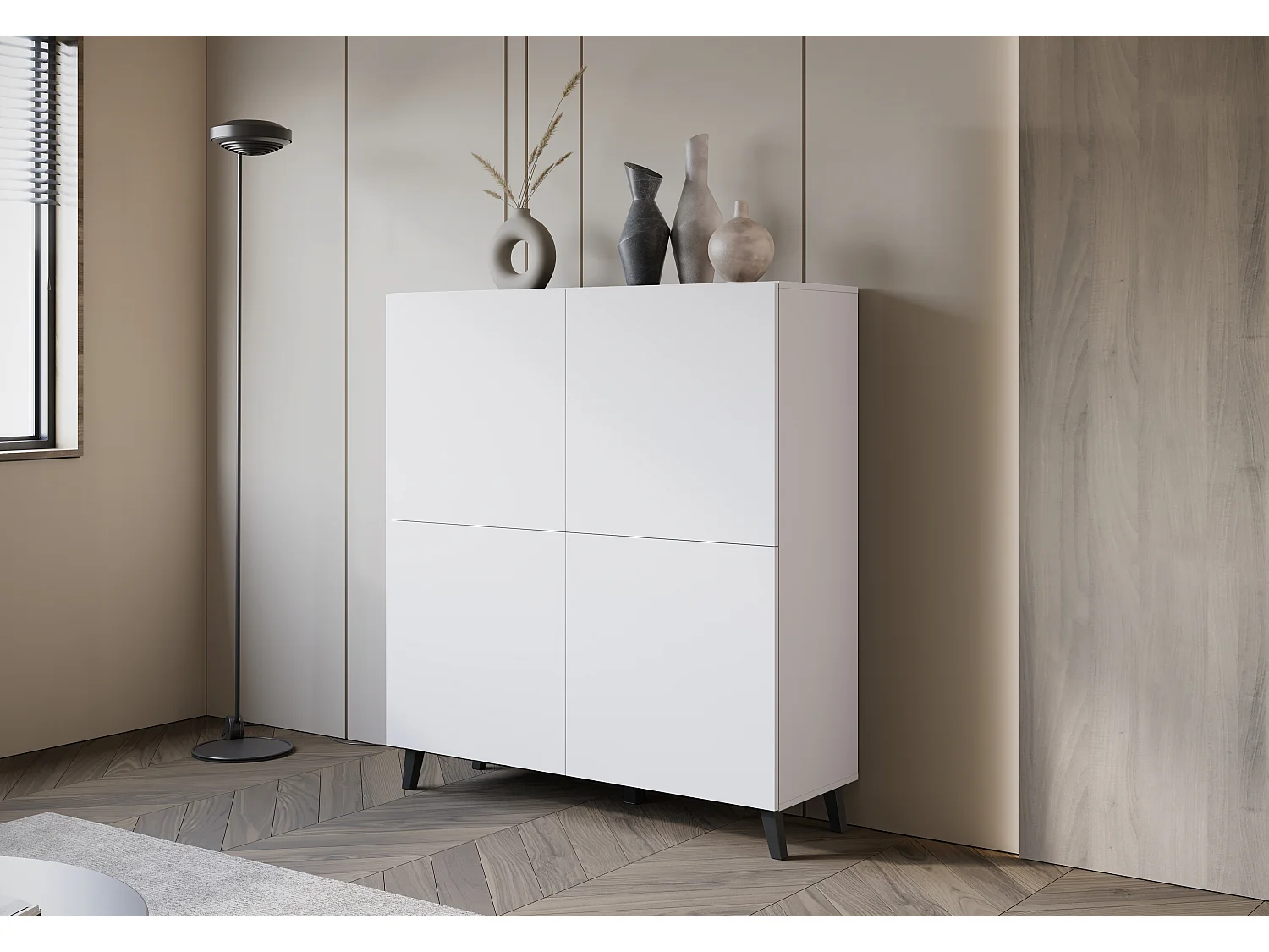 Commode haute moderne 120 cm sur pieds pour salon blanc minimaliste