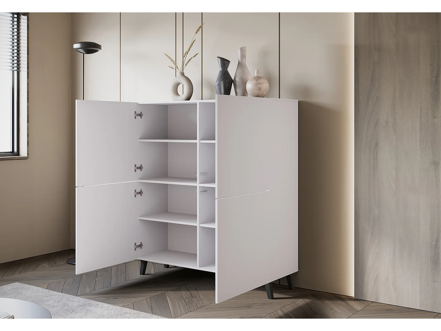 Commode haute moderne 120 cm sur pieds pour salon blanc minimaliste
