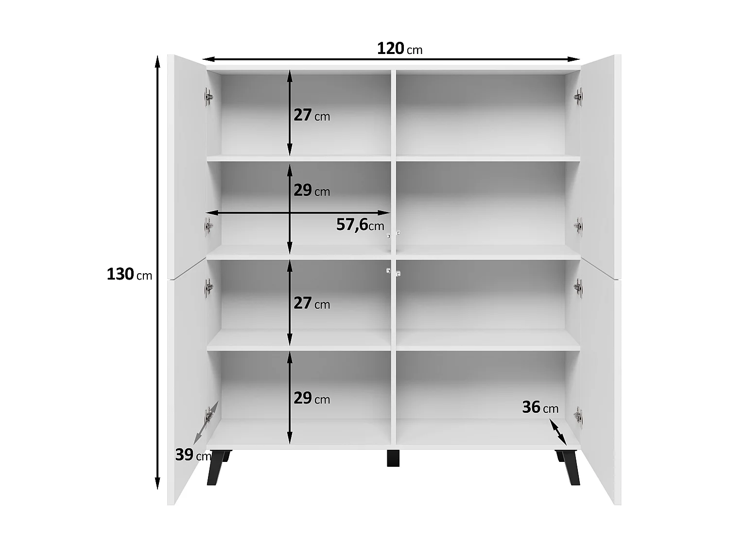 Commode haute moderne 120 cm sur pieds pour salon blanc minimaliste
