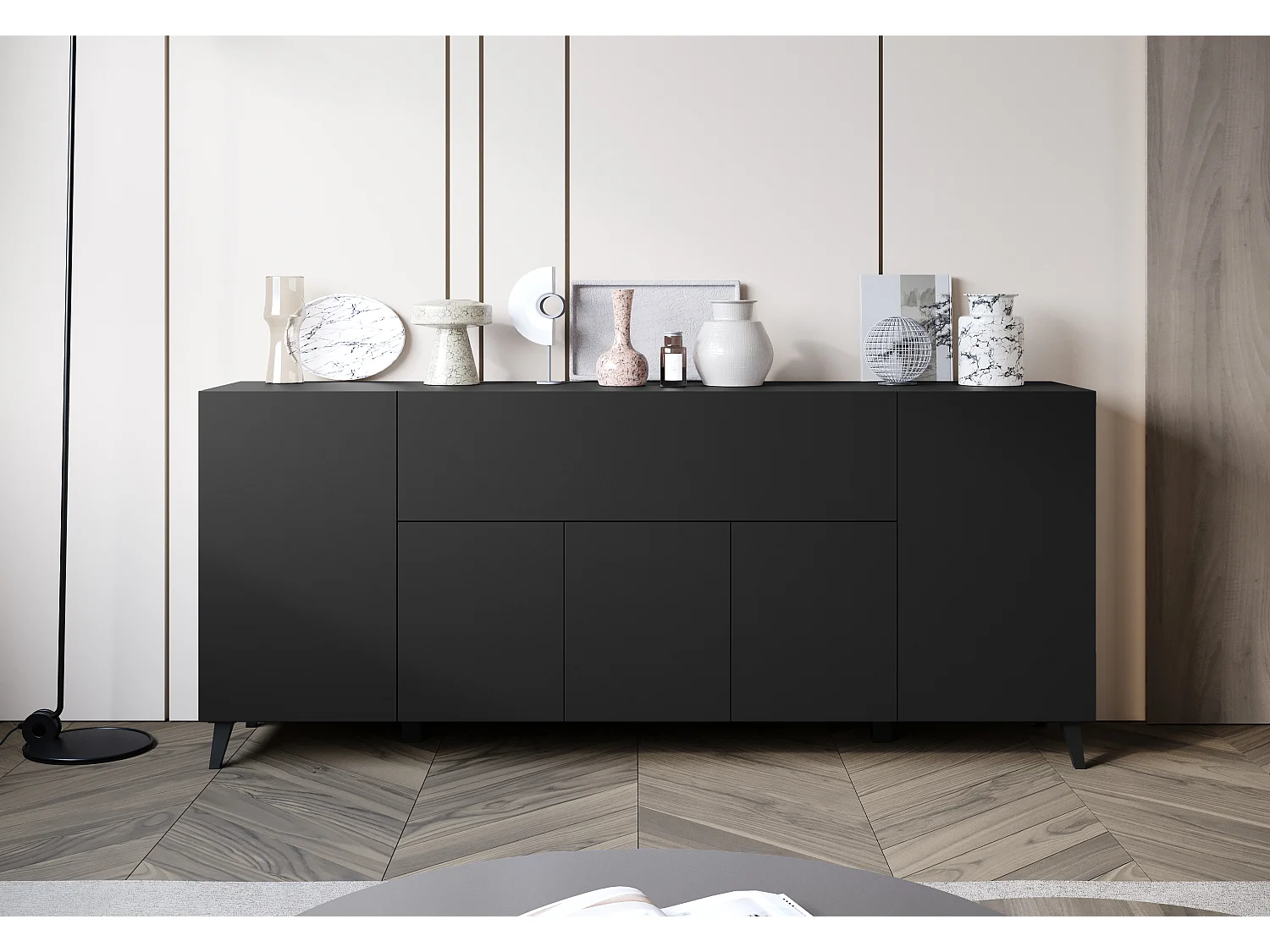 Commode moderne 180 cm sur pieds pour salon noir graphite minimaliste