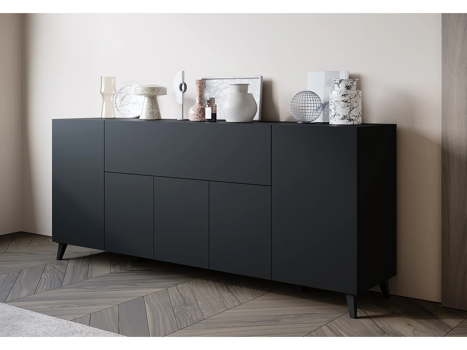 Commode moderne 180 cm sur pieds pour salon noir graphite minimaliste