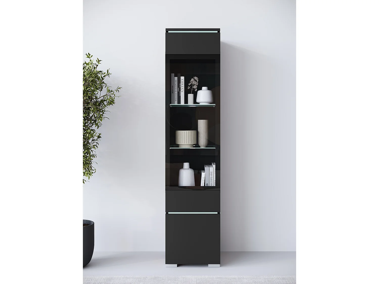 Modernes Hohes Vitrinenschrank mit LED-Beleuchtung | Geräumiges Interieur, Minimalistisches Design, Vielseitige Montagemöglichkeiten