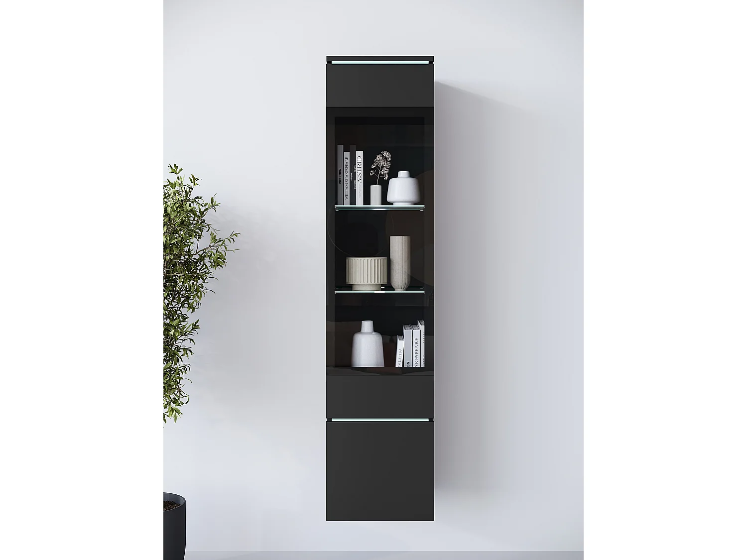 Modernes Hohes Vitrinenschrank mit LED-Beleuchtung | Geräumiges Interieur, Minimalistisches Design, Vielseitige Montagemöglichkeiten