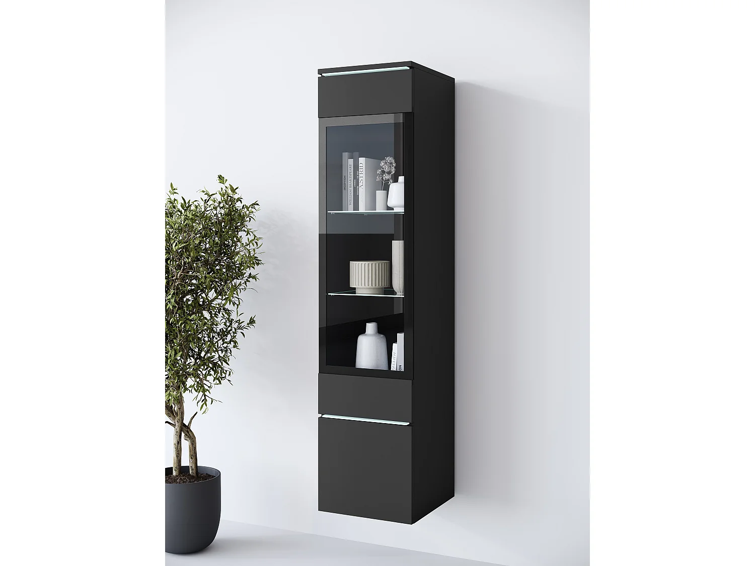 Modernes Hohes Vitrinenschrank mit LED-Beleuchtung | Geräumiges Interieur, Minimalistisches Design, Vielseitige Montagemöglichkeiten