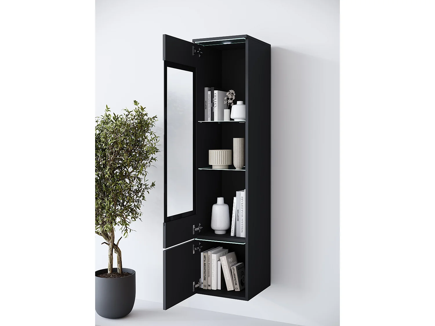 Modernes Hohes Vitrinenschrank mit LED-Beleuchtung | Geräumiges Interieur, Minimalistisches Design, Vielseitige Montagemöglichkeiten