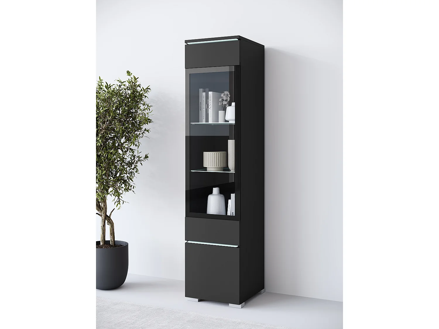 Modernes Hohes Vitrinenschrank mit LED-Beleuchtung | Geräumiges Interieur, Minimalistisches Design, Vielseitige Montagemöglichkeiten
