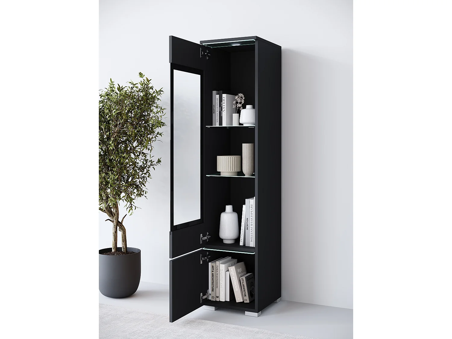Modernes Hohes Vitrinenschrank mit LED-Beleuchtung | Geräumiges Interieur, Minimalistisches Design, Vielseitige Montagemöglichkeiten