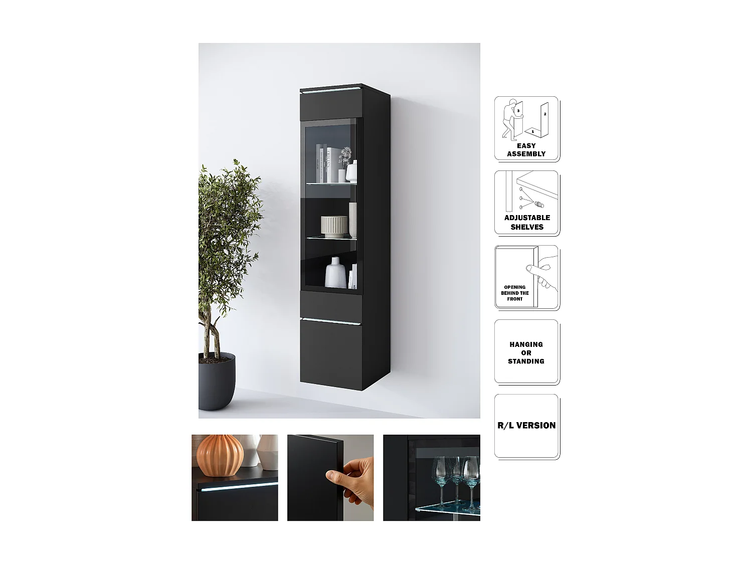 Modernes Hohes Vitrinenschrank mit LED-Beleuchtung | Geräumiges Interieur, Minimalistisches Design, Vielseitige Montagemöglichkeiten