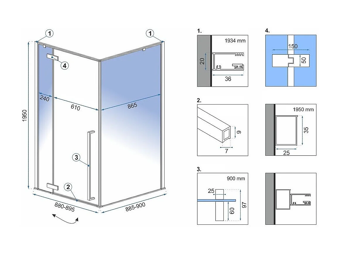 hörnduschkabin Rea FARGO svart 90x90 med duschkar SAVOY svart