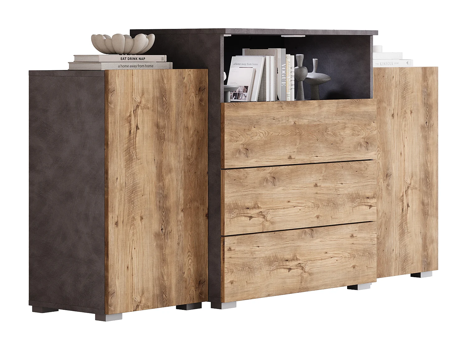 Commode 150 cm pour salon avec tiroirs et placards latéraux matera châtaigne