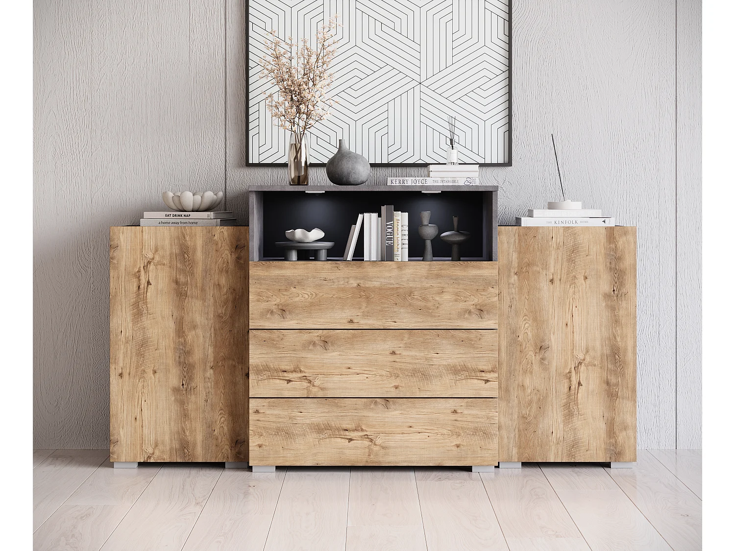 Commode 150 cm pour salon avec tiroirs et placards latéraux matera châtaigne