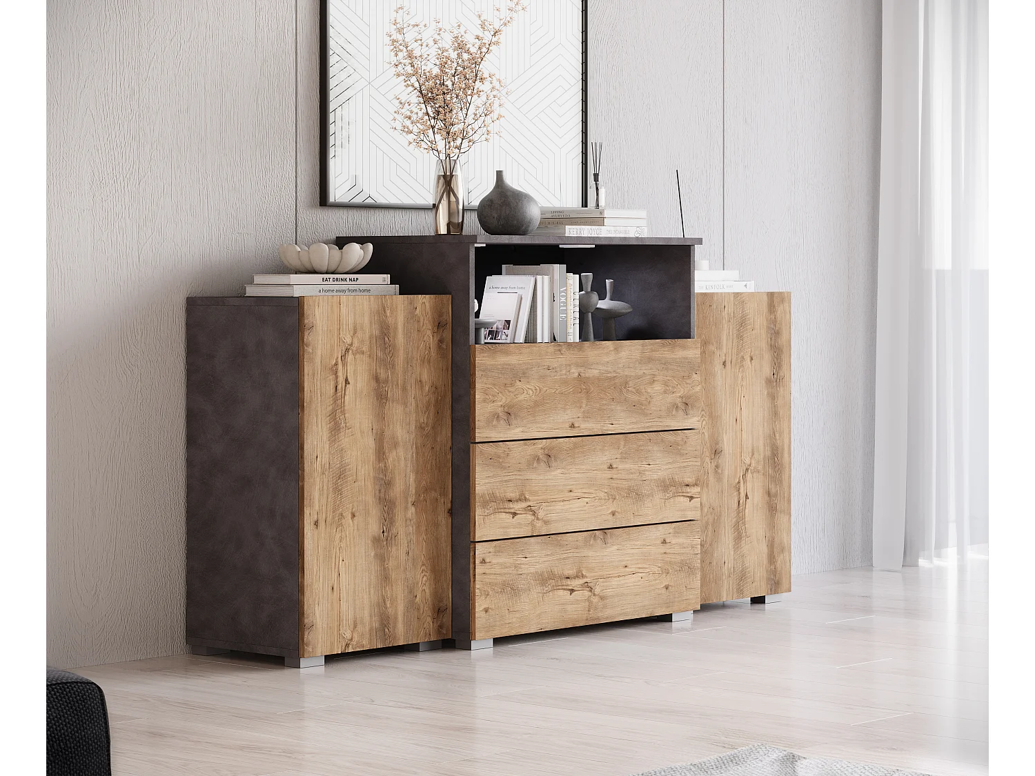 Commode 150 cm pour salon avec tiroirs et placards latéraux matera châtaigne
