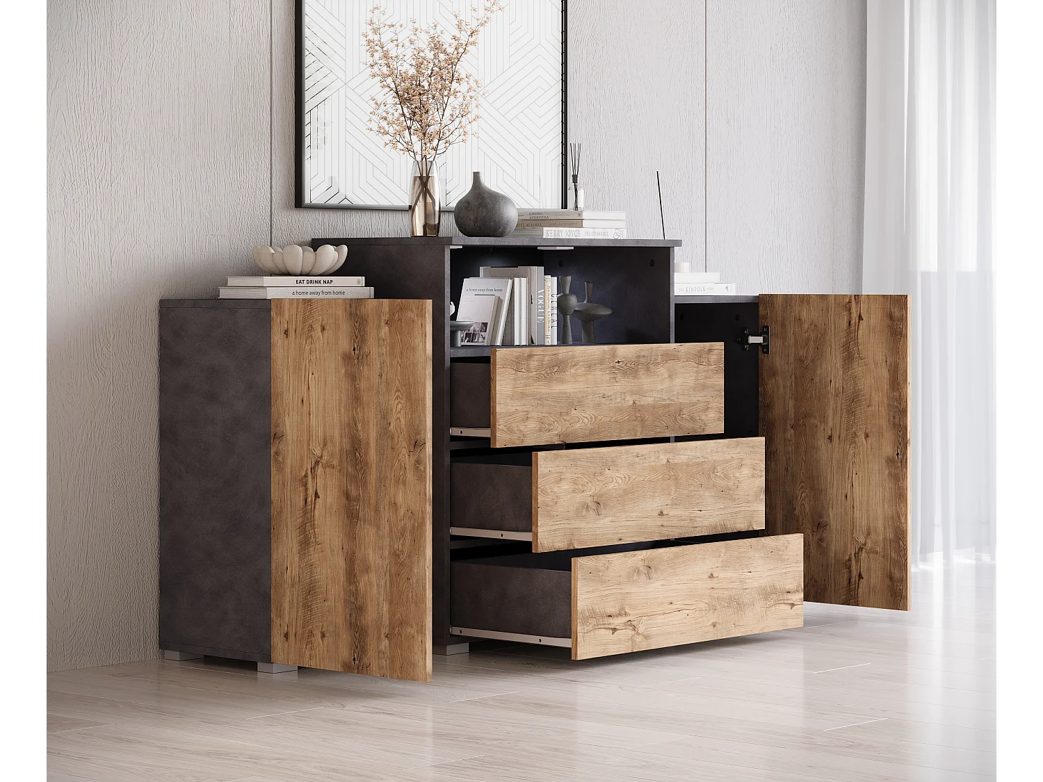 Commode 150 cm pour salon avec tiroirs et placards latéraux matera châtaigne
