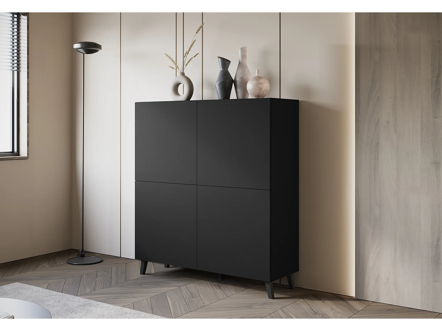 Commode haute moderne 120 cm sur pieds pour salon noir graphite