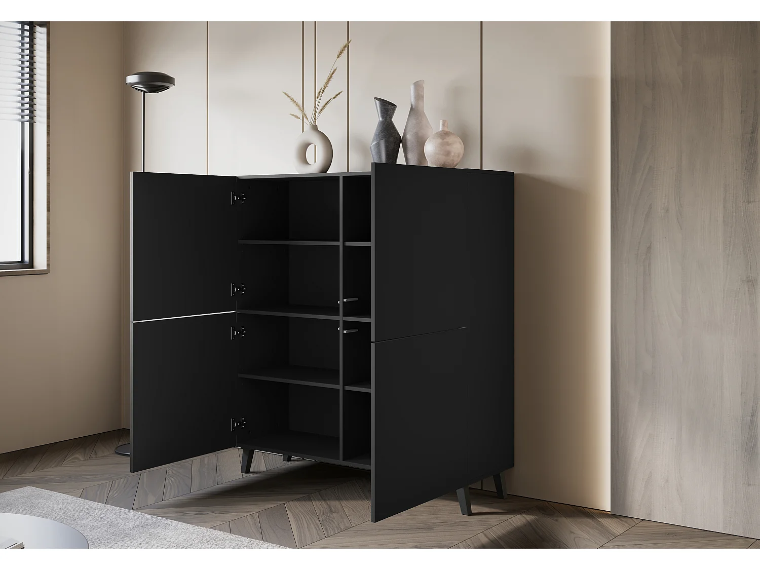 Commode haute moderne 120 cm sur pieds pour salon noir graphite