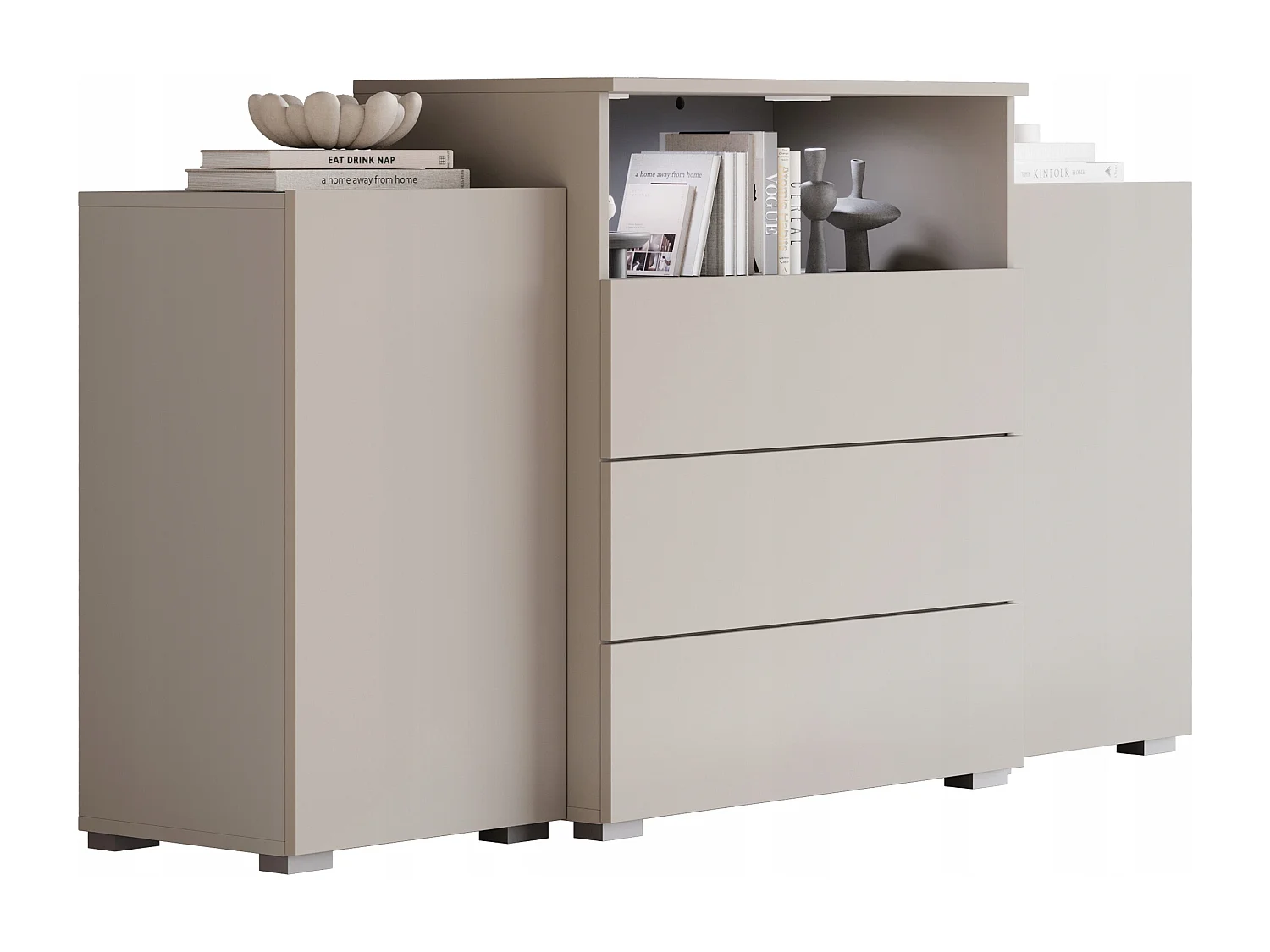 Commode 150 cm pour salon avec tiroirs et placards latéraux cachemire mat