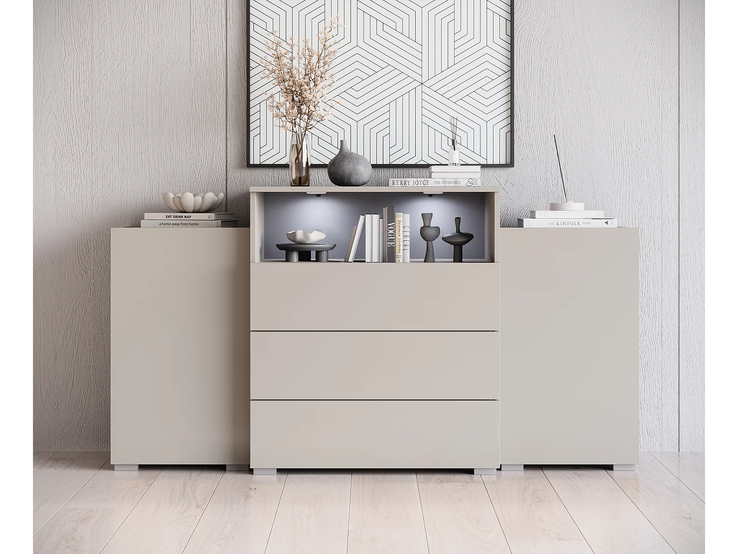 Commode 150 cm pour salon avec tiroirs et placards latéraux cachemire mat