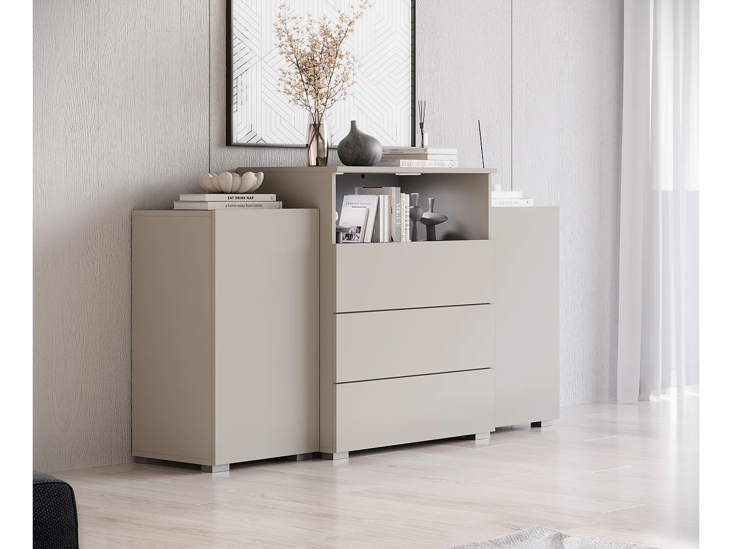 Commode 150 cm pour salon avec tiroirs et placards latéraux cachemire mat