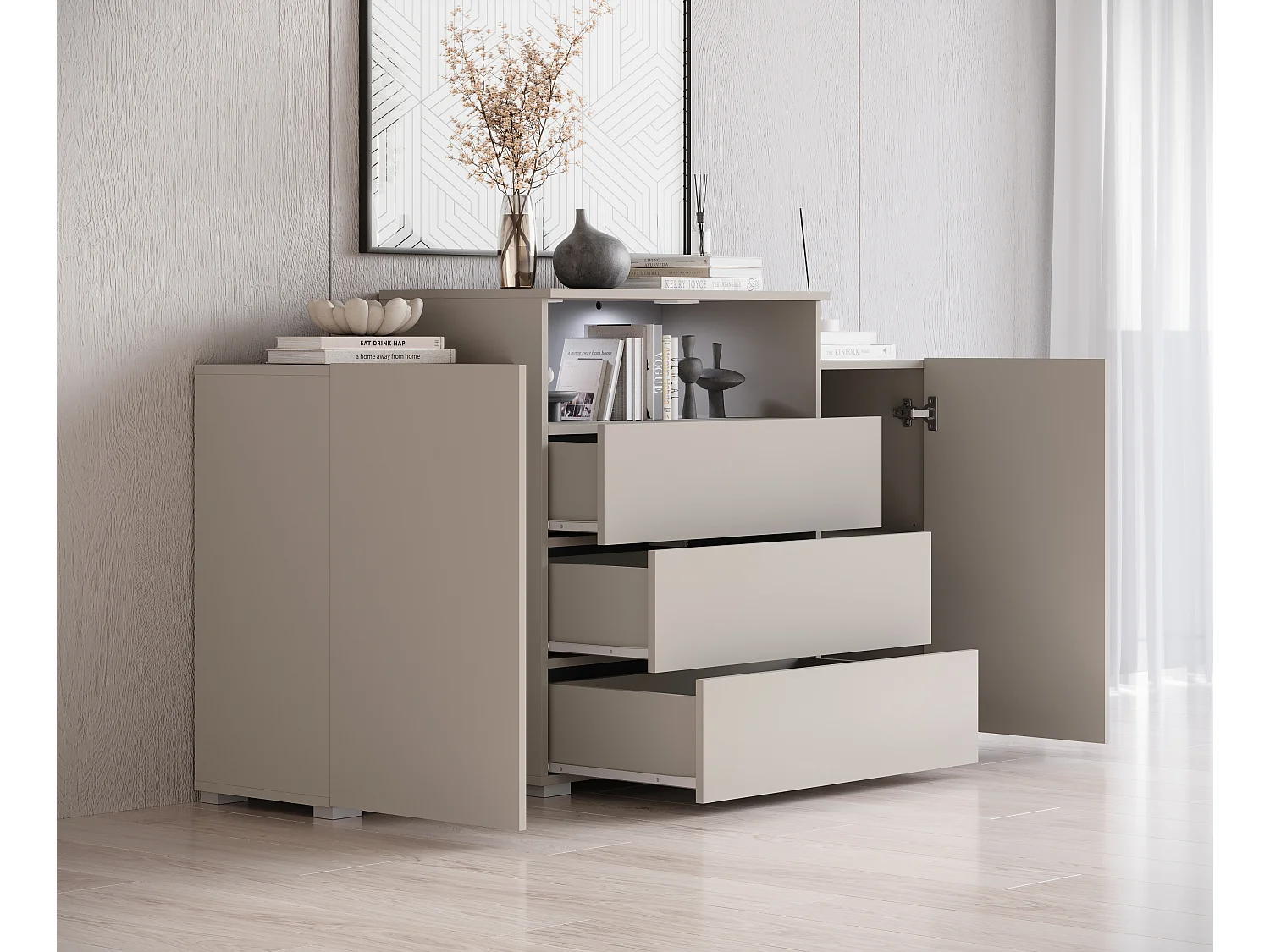 Commode 150 cm pour salon avec tiroirs et placards latéraux cachemire mat