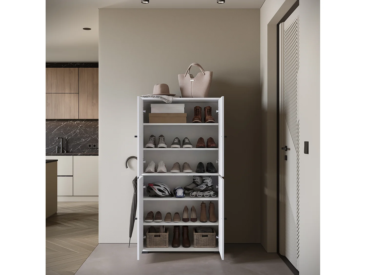Meuble à chaussures moderne haut et spacieux avec portes basculantes blanc