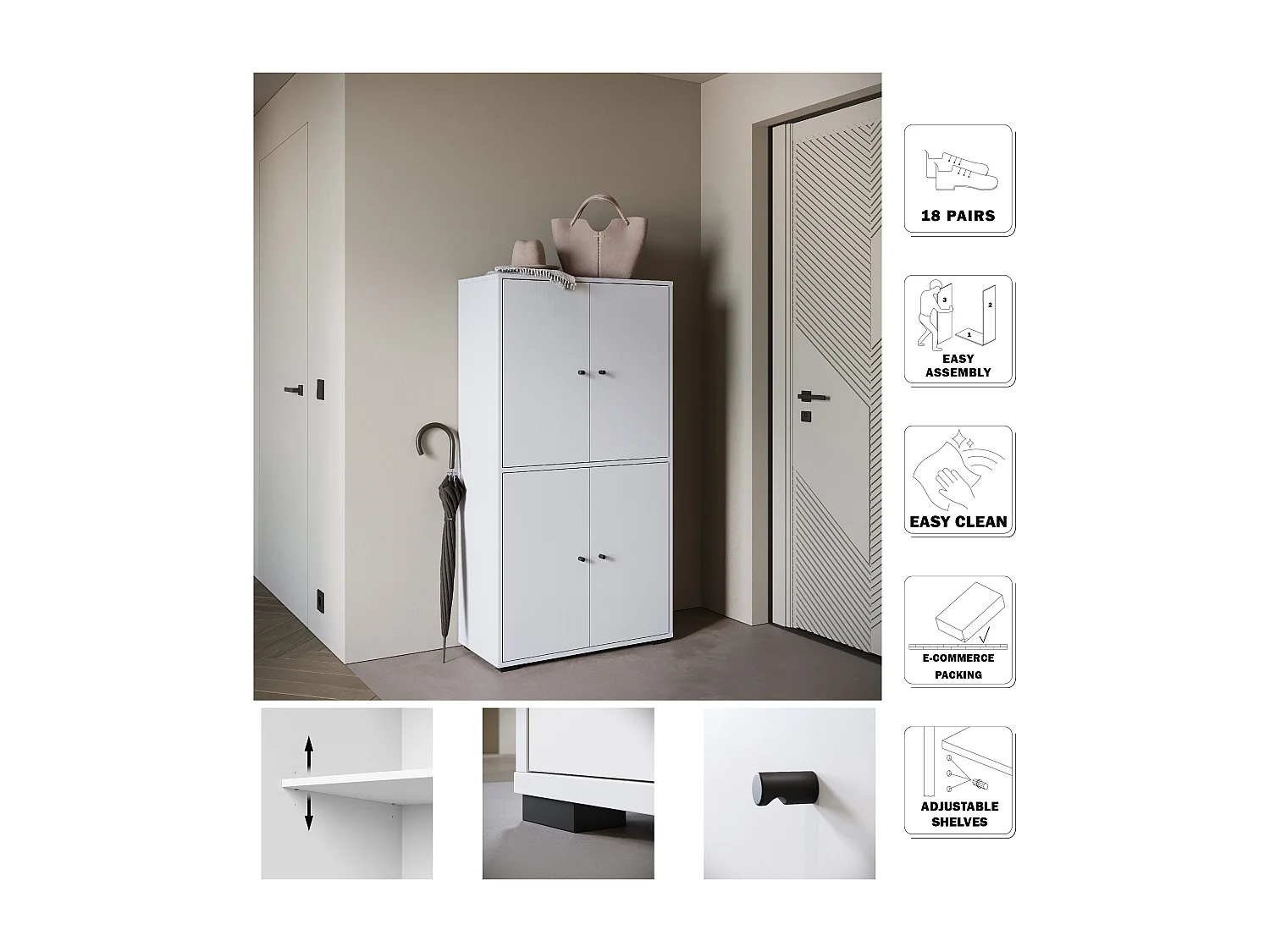 Meuble à chaussures moderne haut et spacieux avec portes basculantes blanc
