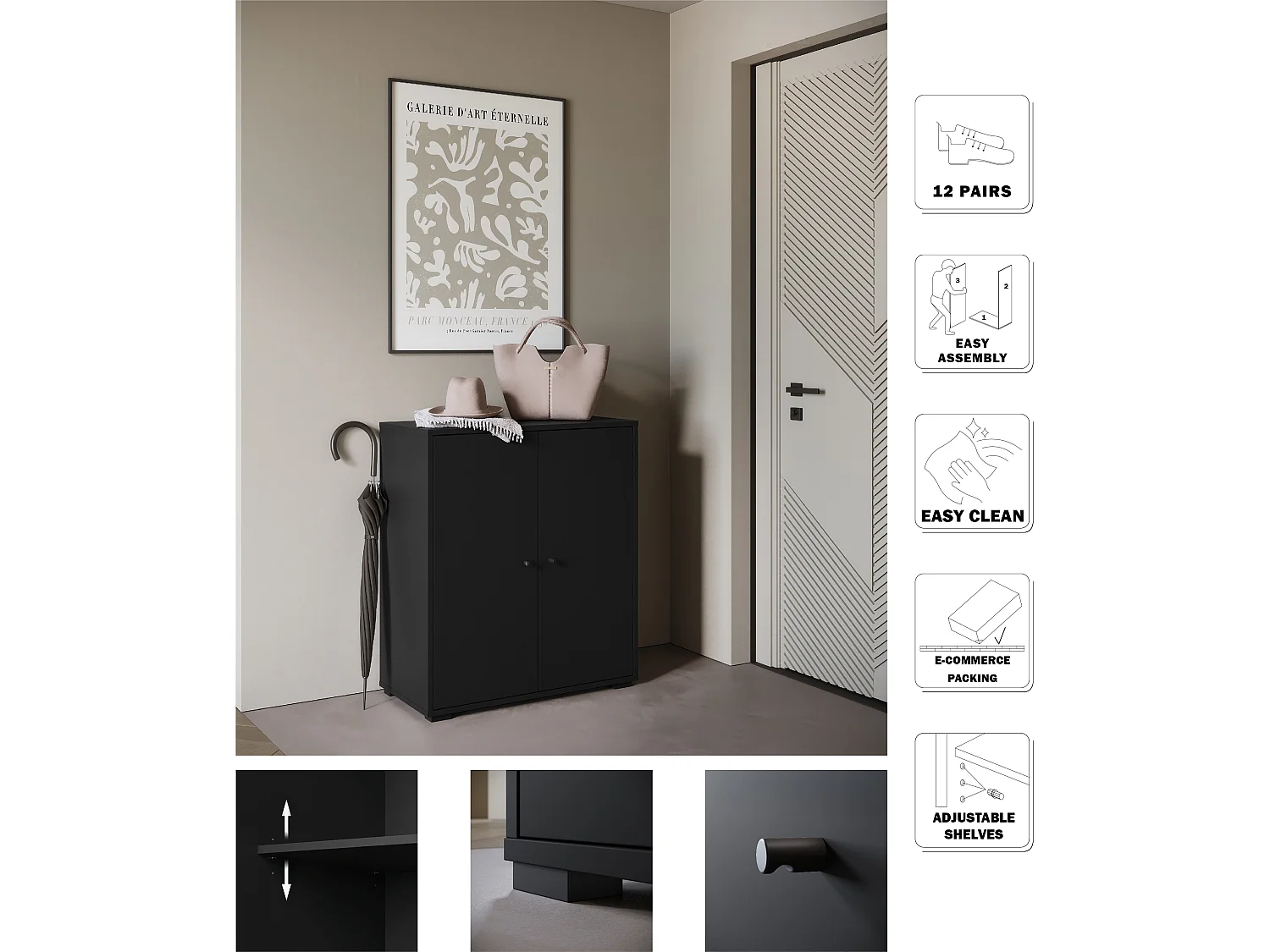 Meuble à chaussures moderne et spacieux avec portes basculantes noir