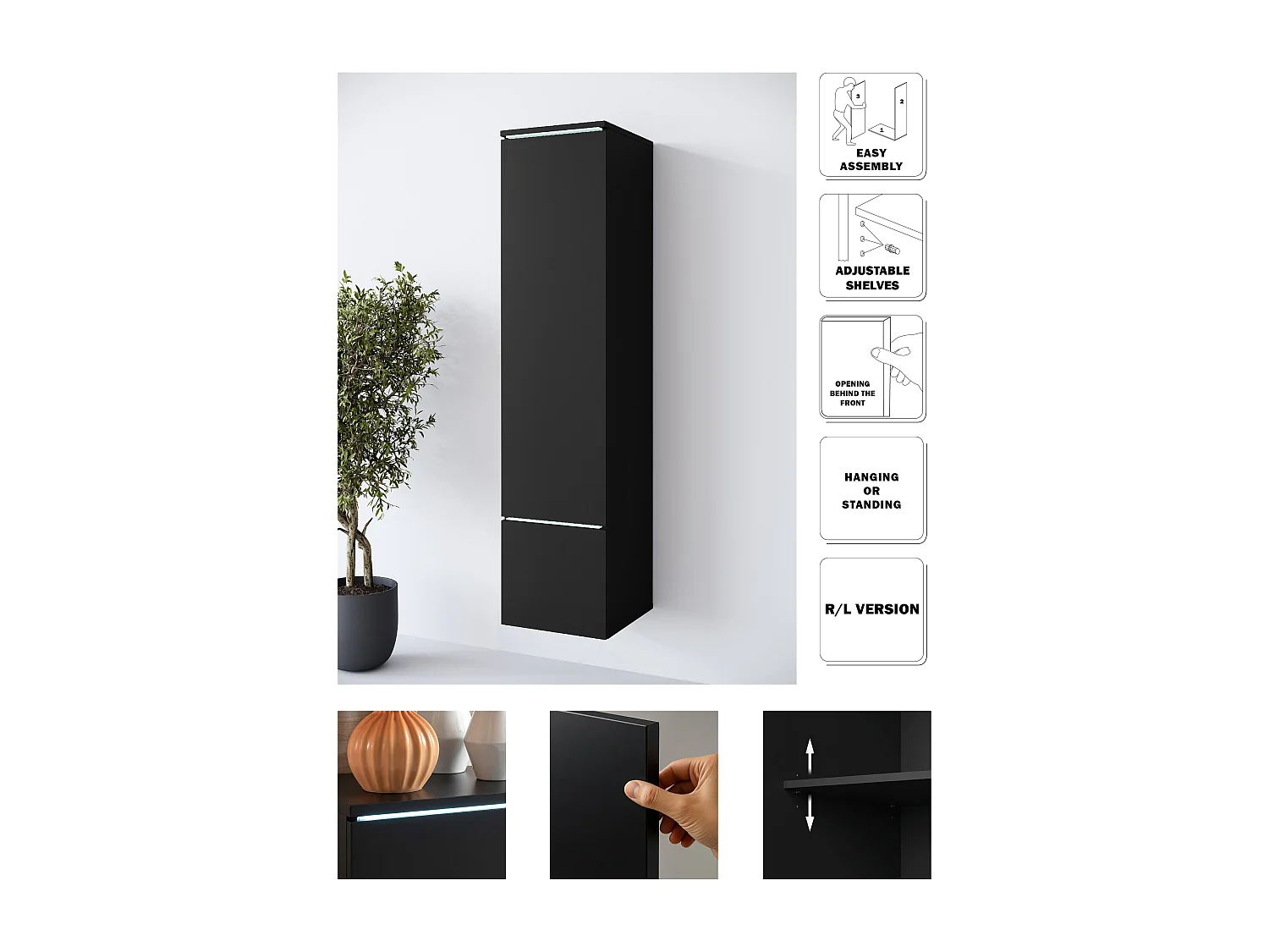 Vitrine haute moderne avec éclairage LED noir graphite