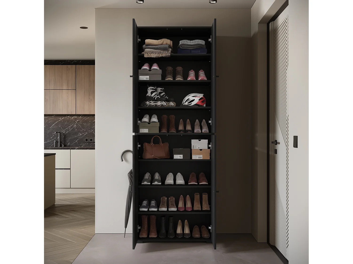 Meuble à chaussures haut et spacieux avec portes basculantes noir