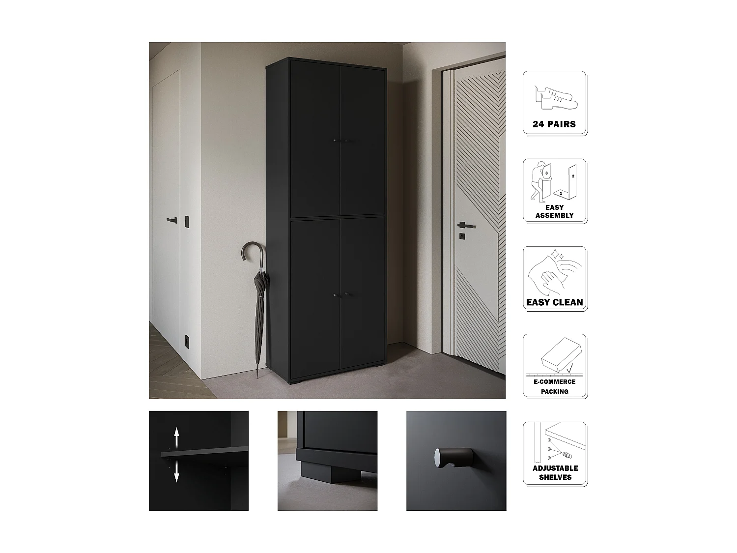 Meuble à chaussures haut et spacieux avec portes basculantes noir