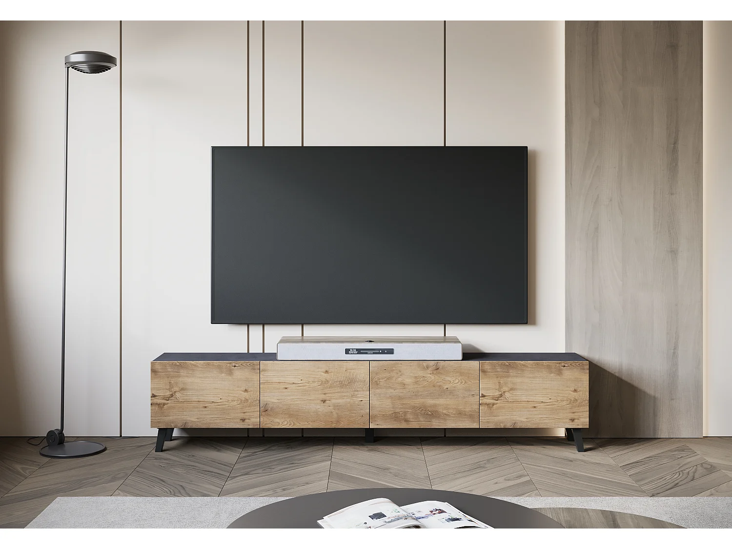 Meuble TV moderne 190 cm sur pieds pour salon matera châtaignier Breslau
